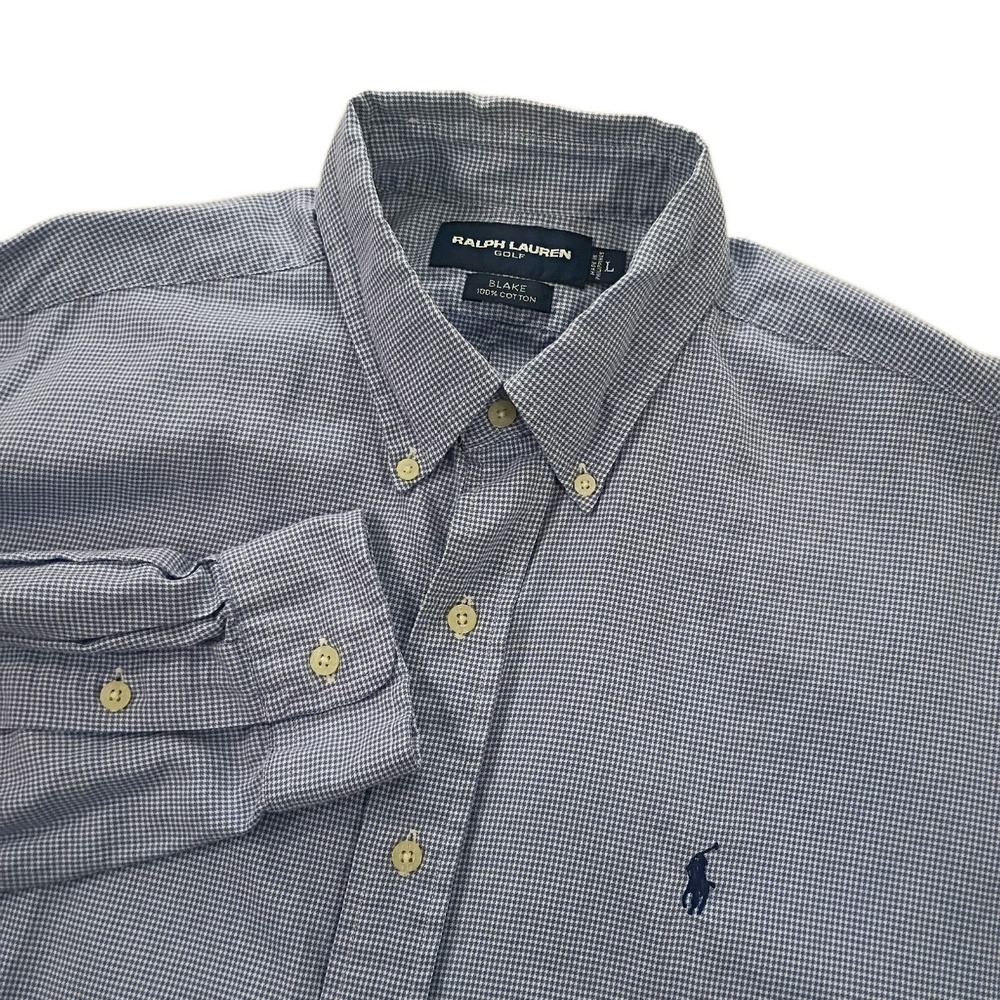Ralph Lauren Golf Shirt Men's L Blue Button Up Blue Pony Blake Oxford Checkered